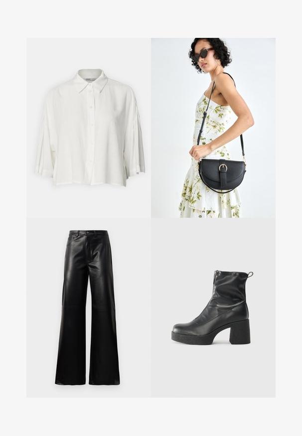 Bela bluzica kratkih rukava s ovratnikom, prednjim zatvaranjem na gumbe i opuštenim krojem, izrađena od lagane, glatke tkanine.; Črne široke hlače iz umetnega usnja z visokim pasom, sprednjim gumbom, zadrgo, zanke za pas in stranskimi žepi na beli podlagi.; Črne gležnjarje iz gladke kože z božnim zadrgo, masivnim teksturiranim peto in zaobljeno obliko prstov.; Črna usnjena torbica s ukrivljeno obliko, z odstranljivo naramnico in zlatimi dodatki. Torbica ima pokrov s podrobnostmi v obliki zaponke.