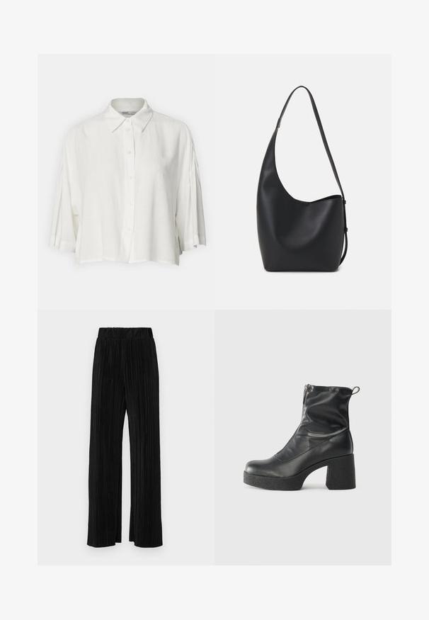 Blusa branca de mangas curtas com gola, fecho frontal de botões e um ajuste descontraído, feita de um tecido leve e suave.; Calças pregueadas pretas com uma cintura elástica. Apresentam pernas largas e um tecido liso, texturizado com riscas verticais.; Botas de tornozelo pretas feitas de couro liso, com fecho lateral, salto grosso texturizado e design de bico arredondado.; Saco hobo preto em pele com uma textura lisa, forma curva e uma única alça ajustável; apresenta uma abertura larga na parte de cima.