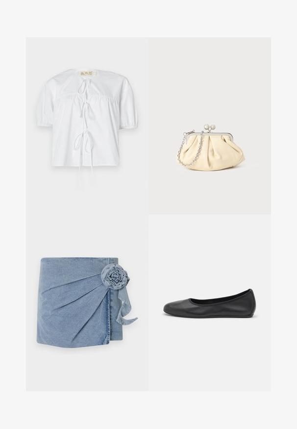 Biela bavlnená blúzka s krátkymi balónovými rukávmi, okrúhlym výstrihom a detailom viazania v prednej časti. Má nahrnuté švy pre uvoľnený strih.; Denimový obal v svetlomodrom odtieni, s precízny pletením a dekoračnou kvetinou s voľným stužkou. Mäkká textúra a voľný dizajn.; Čierne kožené baleríny s okrúhlou špičkou, hladkým povrchom, minimálnym prešívaním a flexibilným dizajnom podrážky.; Zhlý béžový kožený klobúk so strieborným kovovým rámom, ktorý má dve okrúhle dekoratívne zámky a strieborný reťazový popruh.