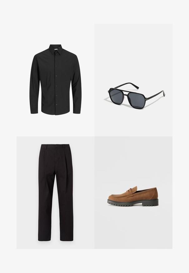 Maglietta nera a maniche lunghe realizzata in tessuto morbido. Presenta un colletto e una chiusura a bottoni, con una vestibilità sfiancata e senza motivi.; Jack & Jones JPSTBILL WILLIAM WORKER - Chino - black; Mocassini in suede marrone con punta arrotondata e una bassa suola in gomma nera, caratterizzati da una fascia decorativa e dettagli di cucitura sulla tomaia.; Occhiali da sole neri con montatura ottagonale, lenti scure, finitura lucida, aste sottili e dettagli dorati sul davanti.