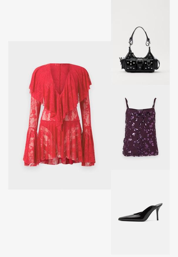Top de camisola roxo com alças ajustáveis, coberto com lantejoulas roxas brilhantes dispostas em padrões florais. Textura de tecido suave.; Vestido de renda vermelha com mangas largas e flare, decote em V profundo, camadas de babados e padrões florais. A textura translúcida realça o seu design.; Mule de salto alto em couro envernizado preto com ponta fina e uma silhueta elegante, apresentando um calcanhar aberto e um salto stiletto esbelto.; Bolsa de couro preta com um design curvado, apresentando tachas prateadas, uma fivela e dois bolsos laterais. Alça ajustável para opções de transporte.