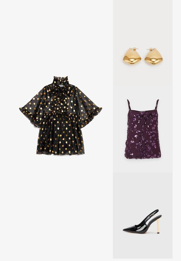 Purple camisole top with adjustable straps, covered in shiny purple sequins arranged in floral patterns. Smooth fabric texture.; Black sheer dress with a high neck and bow detail, featuring golden polka dots, flared sleeves, and a layered ruffle hem.; Black patent leather slingback high-heel shoe with pointed toe and gold-tone square heel accent. Features adjustable ankle strap.; Gold clutch purse with a smooth metallic finish, rectangular shape, and a simple clasp closure. No visible patterns or decorations.; Gold-tone metal earrings with a smooth, rounded triangular shape and post-back design; reflective surface with minimal detailing.