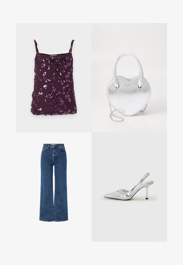 Violetinė marškinėlių palaidinė su reguliuojamomis petnešėlėmis, padengta blizgančiomis violetinėmis blizgučiais, išdėstytais gėlių raštais. Lygi audinio tekstūra.; Aukštom juosmeniu mėlyni džinsai su plačiomis kojomis, tradicine penkių kišenių konstrukcija, metaliniu mygtuko uždarymu ir kontrastingomis siūlėmis.; Sidabriniai slingback aukštakulniai batai su smailia pavadinimu, metaliniu paviršiumi, dviem dekoratyvinėmis juostelėmis ir lieknu kulnu su juodu galiuku.; Sidabrinė metalinė širdies formos rankinė su dviem rankenomis, grandininiu diržu ir lygia textura. Yra metaliniai elementai ir siūti kraštai.