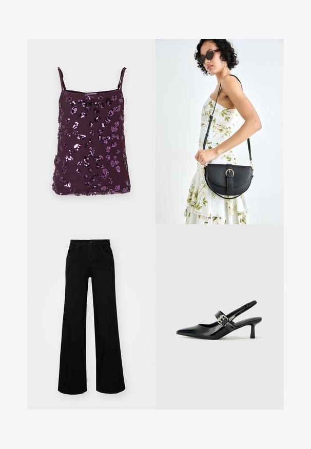 Fialový top na ramínka s nastavitelnými popruhy, pokrytý lesklými fialovými flitry uspořádanými do květinových vzorů. Hladká texturou látky.; Černé široké kalhoty vyrobené z denimu, s pevným pasem, poutky na opasek a předními kapsami. Hladká textura s klasickým designem.; Černé lakované boty na podpatku typu slingback s špičatou špičkou a malým blokovým podpatkem, které mají na pásku stříbrný přezkový akcent.; Černá kožená kabelka s křivkovým tvarem, odnímatelným popruhem a zlatými detaily. Kabelka má klopu s přezkou.