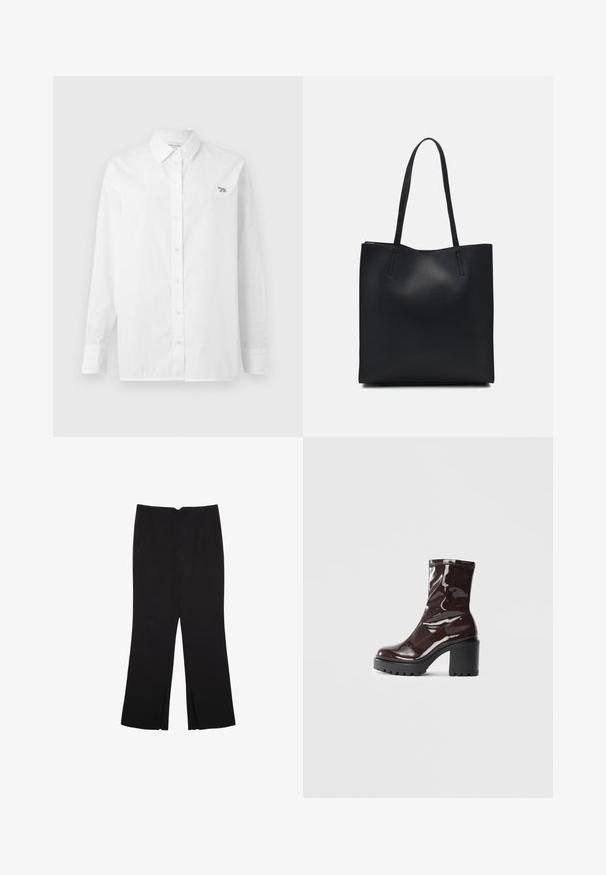 Biela košeľa s dlhým rukávom vyrobená z bavlny, so skladacím golierom, prednými knoflíkmi a malým vyšitým logom na ľavom prsnom vrecku.; Čierne nohavice so strihom rovného strihu, s prednými vreckami a bočnými rozparkami na leme. Vyrobené z mäkkej, hladkej tkaniny. Vhodné na rôzne príležitosti.; Lesklé burgundské kotníkové boty s robustním černým podpatkem, s hladkou strukturou a jednoduchým designem. Bez viditelných zapínání nebo vzorů.; Čierna kožená taška na rameno s hladkým povrchom, obdĺžnikovým tvarom a dvoma dlhými uchami. Bez viditeľného kovania alebo ozdôb.