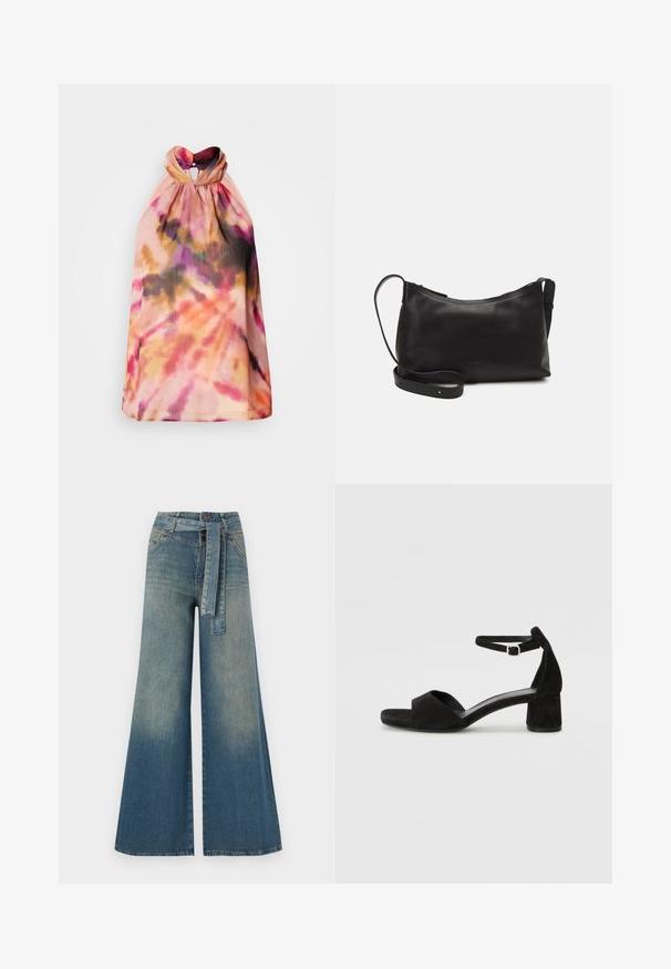 Top s halter-kragnim dizajnom iz lahkega, teksturiranega materiala s tie-dye vzorcem v roza, oranžni in črni barvi ter detajlom ključavnice na hrbtni strani.; Široke jeans hlače z gradientom od svetlo do temno modre, visokim pasom, zankami za pas in pasom iz istega materiala. Tekstura denim končnica.; Črne zamshe sandale na peto z tankim trakom okoli gležnja, odprto konico in zmerno blok peto. Gladka tekstura in minimalni detajli.; Črna usnjena torba čez ramo z gladko teksturo, ukrivljeno obliko, nastavljivim trakom in zadrgo. Minimalističen dizajn brez okrasnih detajlov.