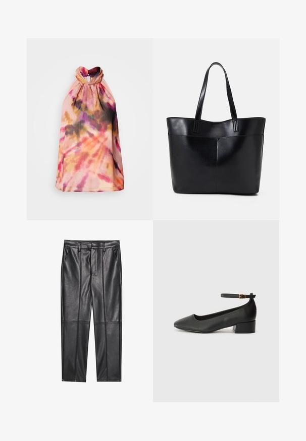 Haltertop aus leichtem, strukturiertem Stoff mit einem Batikmuster in rosa, orange und schwarzen Farbtönen und einem Schlüsselrücken-Detail.; Schwarze Lederhosen mit glatter Textur, gerader Passform, zwei Fronttaschen und sichtbaren Nahtdetails.; Schwarze Lederpumps mit spitzem Zehenbereich und niedrigem Blockabsatz. Mit einem Knöchelriemen und einer goldfarbenen Schnalle. Glatte Textur.; Schwarze Leder-Shopper-Tasche mit zwei langen Griffen, einer glatten Textur und einer strukturierten Form. Verfügt über eine Vordertasche für zusätzlichen Stauraum.