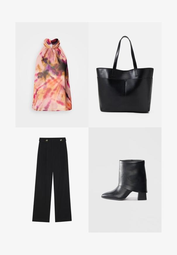 Halter-neck top in lightweight, textured fabric featuring a tie-dye pattern in pink, orange, and black hues with a keyhole back detail.; Black wide-leg trousers with high waist, button details on waistband, and front pleats.; Black leather ankle boot with a pointed toe, smooth texture, and a structured block heel. Features a high, folded cuff design.; Black leather tote bag with two long handles, a smooth texture, and a structured shape. Features a front pocket for additional storage.