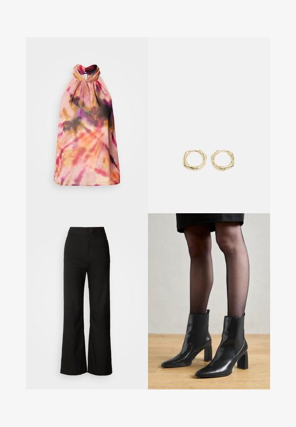 Haut à col halter en tissu léger et texturé, arborant un motif tie-dye dans des teintes de rose, orange et noir, avec un détail de dos en forme de clé.; Pantalons noirs à jambes larges avec une texture lisse, taille haute et un design épuré. Pas de poches visibles ni d'embellissements.; Bottines en cuir noir avec un bout pointu, un talon carré épais et un design élégant. Présente des panneaux latéraux élastiques pour un enfilage facile.; Boucles d'oreilles en or en forme de cerceau avec une texture et une forme irrégulière. Présentent une fermeture sans couture et une finition polie, soulignant un design moderne.