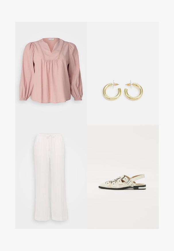 ONLY Carmakoma CARMYRNA - Bluza - silver pink; Bele široke hlače iz lahkega materiala, ki imajo elastičen pas z vrvico in vertikalne šive za teksturo.; Sandal v slogu z odprtim peto v beli usnjeni obvali z več širokimi trakovi in srebrnimi zaponkami; ravni podplat z majhno črno peto in kovinskimi detajli.; Zlate uhane v obliki obročkov z gladko, sijočo površino. Krožna zasnova s majhnim nosilcem in prozornim podplatom za varno nošenje.