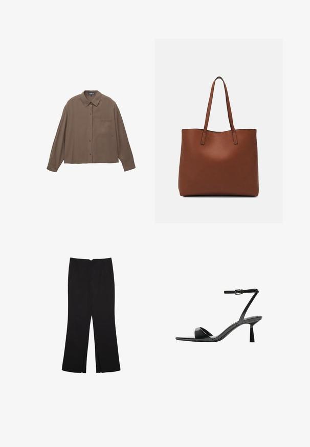 Camicia marrone a maniche lunghe con bottoni, colletto e taschino sul petto, esposta piatta su uno sfondo bianco.; Pantaloni neri a gamba dritta, con tasche frontali e spacchi laterali all'orlo. Realizzati in tessuto morbido e liscio. Adatti a diverse occasioni.; Bershka Sandali con tacco - black; Borsa tote in pelle marrone con texture liscia, design con apertura superiore e due spallacci. Presenta cuciture minime e nessun hardware visibile.