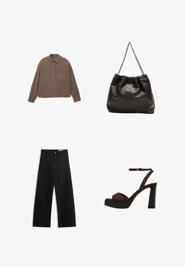 Smeđa košulja dugih rukava s gumbima, ovratnikom i džepom na prsima, prikazana ravno na bijeloj pozadini.; Crne široke traperice s visokim strukom, s prednjim i stražnjim džepovima, šivenim šavovima i kopčanjem na gumb. Glatka tekstura.; Smeđe zamšaste sandale s visokim potpeticama, otvorenim prstima, podesivom trakicom oko gležnja i prugastom platformom.; Smeđa kožna torba s naboranim vrhom i lančićem za nošenje. Glatka tekstura s sjajnim završetkom i suptilnim šavnim detaljima sa strane.
