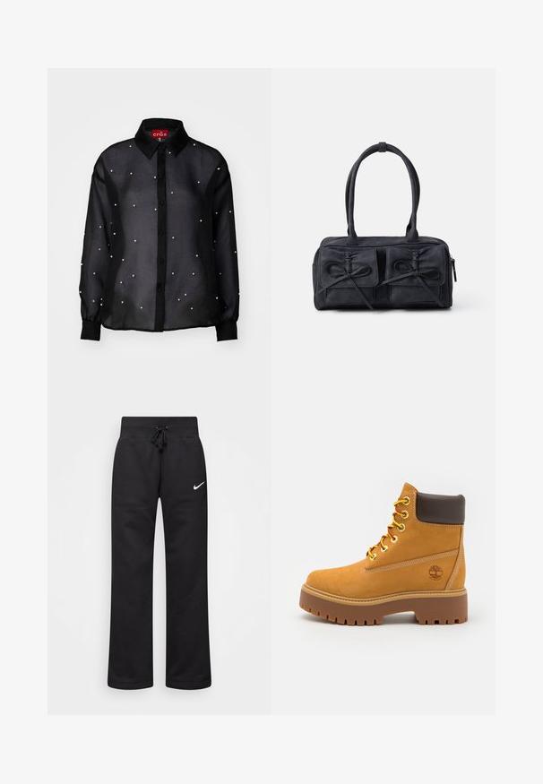 Schwarze, durchsichtige Bluse mit langen Ärmeln, die verstreut mit perlenähnlichen Akzenten versehen ist und ein klassisches Kragen-Design aufweist.; Schwarze Sweatpants aus einem Baumwollmix, mit einem Kordelzugbund, geraden Beinen und einem weißen Nike-Logo auf der linken Seite.; Beige, wasserdichte Stiefelette mit einer robusten Gummisohle, runder Zehenpartie, braunem Lederkragen, gelben Schnürsenkeln und einem Logo an der Seite.; Schwarze Stoffhandtasche mit zwei vorderen Taschen, die mit Schleifendetails versehen sind, doppelten Griffen und einem Reißverschluss. Weiche Textur und rechteckige Form.