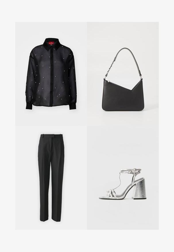 Čierna priesvitná košela na gombíky s dlhými rukávmi, zdobená perlovými akcentmi rozptýlenými po celej ploche a tradičným golierovým dizajnom.; Čierne nohavice na mieru vyrobené z ľahkej tkaniny, so strmým strihom, plochým predným dielom a pútkami na opasok. Hladká textúra bez viditeľných vzorov.; Strieborné sandále na blokovom opätku s tenkými remienkami a prackou na členku. Materiál má metalický povrch s textúrovaným vzhľadom.; Čierna kožená kabelka trojuholníkového tvaru so štíhlym popruhom a striebornými kovovými prvkami. Obsahuje zips na uzatváranie a embosované logo na prednej strane.