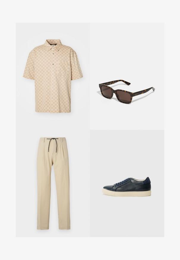 Camicia beige a maniche corte con motivo a griglia, chiusura frontale con bottoni e taschino sul petto. Realizzata in tessuto leggero con una texture liscia.; Pantaloni beige con una vestibilità dritta, dotati di una vita con cordoncino, frontale plissettato e texture liscia. Design semplice e versatile.; Sneaker in pelle blu navy con suola in gomma crema, dotato di lacci blu e texture liscia. Punta arrotondata e design minimalista.; Occhiali da sole Gucci con montatura quadrata in plastica tartarugata e lenti marroni. Presentano un logo discreto sulle aste.