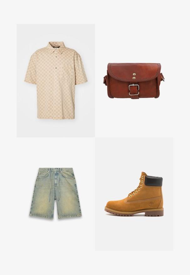 Camicia beige a maniche corte con motivo a griglia, chiusura frontale con bottoni e taschino sul petto. Realizzata in tessuto leggero con una texture liscia.; Shorts in denim azzurro chiaro con vita elasticizzata e cordoncino, tasche frontali e texture sbiadita. Presentano leggere discromie e una vestibilità dritta.; Stivale alla caviglia in suede tan con collare imbottito nero, occhielli in metallo dorato, dettagli in cucitura bianca e suola in gomma robusta con battistrada pronunciato.; Borsa in pelle marrone con chiusura a patta, fibbia in metallo argentato e dettagli di cucitura a contrasto. Forma rettangolare compatta con una superficie liscia.