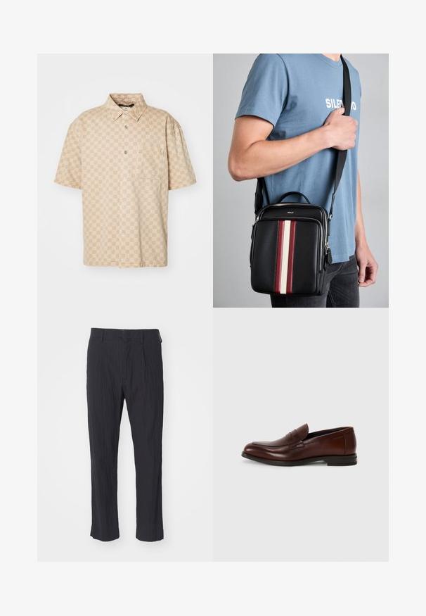 Bež srajca s kratkimi rokavi in vzorcem mreže, z gumbom spredaj in žepom na prsih. Narejena iz lahkega materiala z gladko teksturo.; Črne pliseerane hlače z teksturirano tkanino, ki imajo ravno nogo in standarden pas. Brez vidnih žepov ali dodatkov.; Rjave usnjene loafer čevelj s zaobljenim nosom, detajl na sprednjem pasu in nizko zloženo peto. Gladka tekstura z minimalnimi okrasnimi elementi.; Črna usnjena torba čez ramo z rdečimi, belimi in bež navpičnimi črtami. Ima zgornji ročaj in nastavljivo naramnico. Vidna zip zapirala.