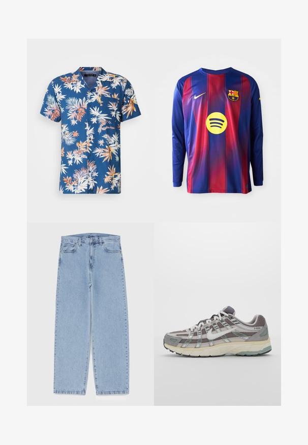 Īsām piedurknēm pogājama krekla tumši zila krāsa ar daudzkrāsainu tropisko lapu rakstu. Iekļauts vienas krūšu kabatas, viegla auduma un vaļīga piegriezuma.; Garās piedurknes futbola krekls ar ziliem un sarkaniem vertikāliem svītrām, Nike logo, Barselonas emblēma un apaļš Spotify logo centrā.; Gai zila džinsu bikses ar taisnu kāju dizainu, kas piedāvā vidēju vidukļa augstumu, piecas kabatas un pogas un rāvējslēdzēja aizdari.; Pelēkie sporta apavi ar tīkla un zamša augšdaļu, baltiem akcentiem, mīkstinātu zoli un izcilu dizainu ar atstarotājiem.