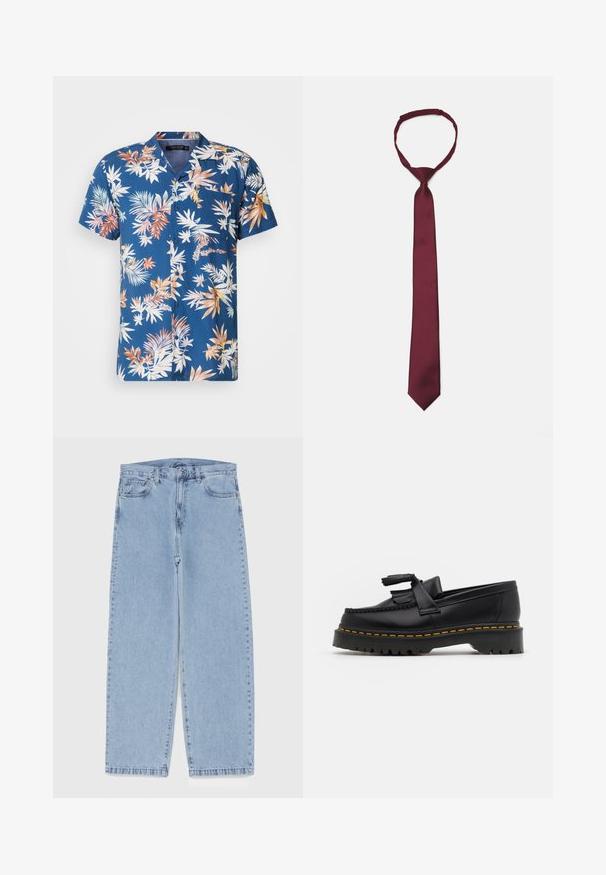Košeľa s krátkym rukávom v námorníckej modrej farbe s multikolórovým tropickým listovým vzorom. Obsahuje jednu náprsné vrecko, ľahký materiál a voľný strih.; Svetlomodré denimové džínsy s rovnými nohavicami, s polovysokým pásom, piatimi vreckami a zapínaním na gombík a zips.; Čierne kožené loafre s detailom na strapcoch, s masívnou čiernou podrážkou a žltým prešitím pozdĺž okraja. S textúrovaným povrchom.; Bordová saténová kravata s hladkým povrchom, úzkou šírkou a špicatým koncom; obsahuje slučku pre jednoduché nosenie.