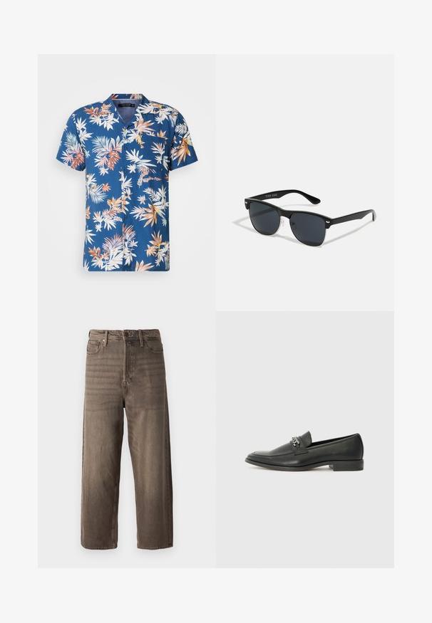 Chemise à manches courtes avec boutons, de couleur bleu marine, ornée d'un motif de feuilles tropicales multicolores. Elle dispose d'une poche poitrine, d'un tissu léger et d'une coupe décontractée.; Jeans ample marron en denim. Comprend une fermeture éclair, des passants de ceinture et cinq poches. Le tissu présente une apparence décolorée et texturée.; Mocassin en cuir noir avec une finition lisse, présentant un design cousu et une accent décoratif en chaîne métallique sur le rand. Talon plat.; Lunettes de soleil noires de forme rectangulaire, verres foncés, accents argentés aux tempes et finition mate sur la monture.