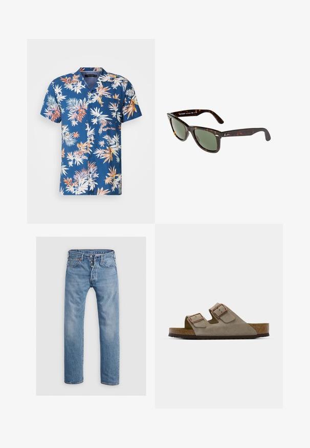 Camicia a maniche corte con bottoni di colore blu navy, decorata con un motivo di foglie tropicali multicolori. Presenta una tasca sul petto, un tessuto leggero e una vestibilità comoda.; Jeans in denim blu chiaro con design a gamba dritta, cinque tasche e chiusura con bottone. Presentano un leggero sbiadimento e accenti di cucitura.; Infradito in suede grigio chiaro con due fibbie regolabili, un sottopiede in sughero e una suola in gomma strutturata.; Occhiali da sole Wayfarer con montatura in plastica tartarugata scura, lenti verdi e logo Ray-Ban in argento sulla tempia.