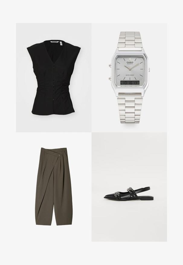 Bluză ajustată neagră cu decolteu în V, mâneci scurte, închidere cu nasture în față și detalii strânse pe lateral pentru o siluetă structurată.; Pantaloni cu croi larg dintr-un material verde măsliniu închis, cu un design pliat în față, închidere cu nasture și o suprafață lustruită și texturată.; Even&Odd Balerini cu baretă la spate - black; Ceas de mână Casio din oțel inoxidabil cu mecanism quartz, cu carcasă rectangulară, afișaje analogice și digitale, brățară din oțel inoxidabil și caracteristici de rezistență la apă.