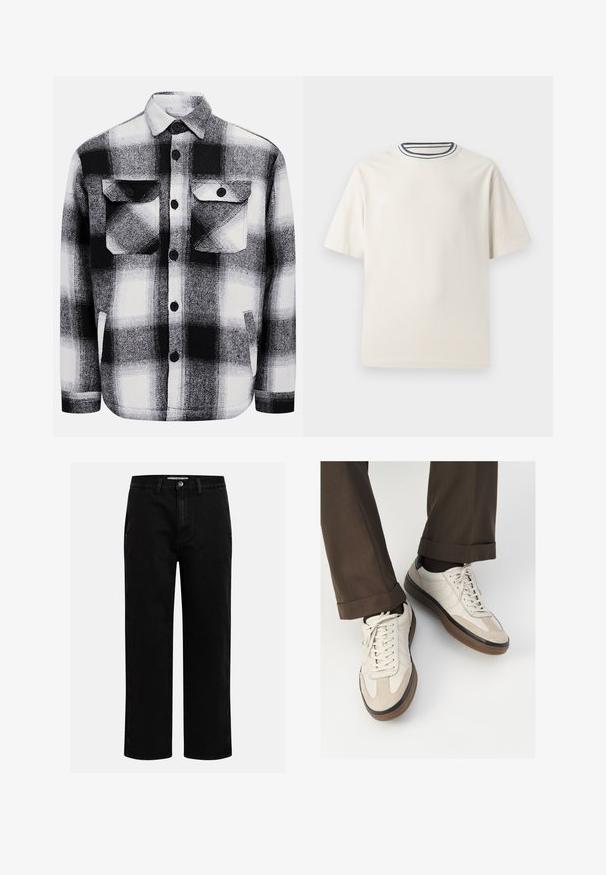 Svart och vit rutig flanellskjorta, med två framfickor, knappstängningar och en mjuk textur. Klassisk rutig mönster.; Krämfärgad bomulls t-shirt med korta ärmar, med en rund halsringning som är accentuerad av marinblå och vita ränder. Slät textur, avslappnad passform.; Svarta denimbyxor med rak passform, klassisk femfickedesign och knappstängning i midjan. Slät textur och hållbar tyg.; Beige sneakers med en texturerad mockafront, släta lädersidor och en brun gummisula. Snörning och ljusa sömdetaljer ingår.