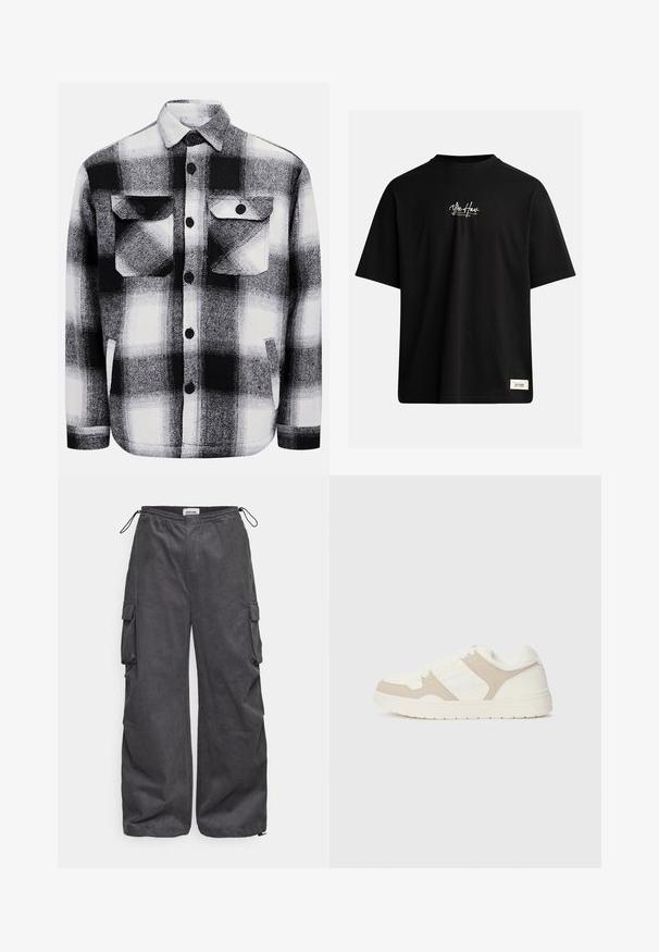 Schwarz-weiß kariertes Flanellhemd mit zwei vorderen Taschen, Knopfverschluss und weicher Textur. Klassisches Karomuster.; Schwarzes Kurzarm-T-Shirt aus Baumwolle. Hat ein kleines weißes Logo auf der Brust und ein rechteckiges Etikett unten rechts.; Graue Cargo-Hosen aus einem strukturierten Stoff, mit elastischem Bund, Kordelzug und Seitentaschen. Lässiger Schnitt mit weitem Bein.; Weiße und beige Sneaker mit einer Kombination aus glatten und Wildleder-Oberflächen, runder Zehenpartie, Schnürverschluss und flacher Gummisohle.
