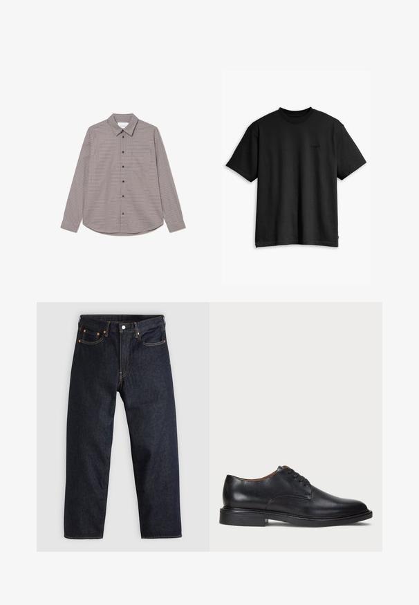 Pitkähihainen nappikauluspaita ruskeassa ja vaaleassa ruutukuosisessa. Varustettu kauluksella, rintataskulla ja mustilla nappeilla edessä.; Musta puuvillapaita, jossa on pyöreä kaula-aukko ja lyhyet hihat. Edessä on huomaamaton logo ja suora helma. Yksinkertainen ja minimalistinen muotoilu.; Tummansinisiä farkkuja, joissa on suora leikkaus, viisi taskua, kontrastiväriset oranssit tikkaukset ja napitus. Ei näkyviä kuvioita tai koristeita.; Musta nahkakenkä, jossa on pyöreä varvas, nauhakiinnitys ja matala tukipohja. Tasainen pinta, jossa on minimaalinen ommeltu yksityiskohta.