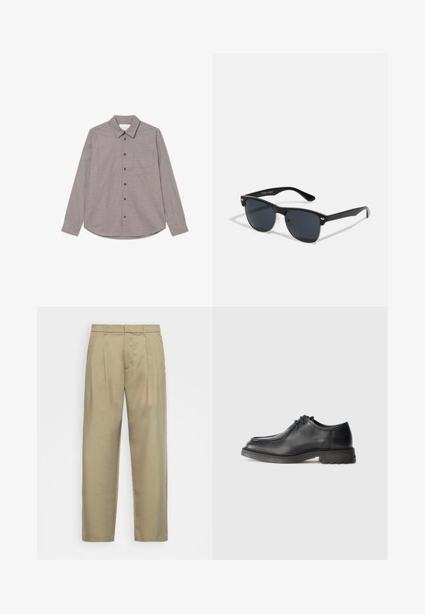 Langermet skjorte med knapper i brun og beige rutete mønster. Har krage, brystlomme og svarte knapper foran.; Beige, høytlivs bukser med rett snitt, med flat front, sidelommer og et jevnt, strukturert stoff.; Svart lærsko med jevn tekstur, rund tå og grunn preget søm. Tykk gummisåle med lett hæl og gripe mønster.; Sorte solbriller med rektangulær form, mørke linser, sølvfargede detaljer ved templene, og en matt finish på rammen.