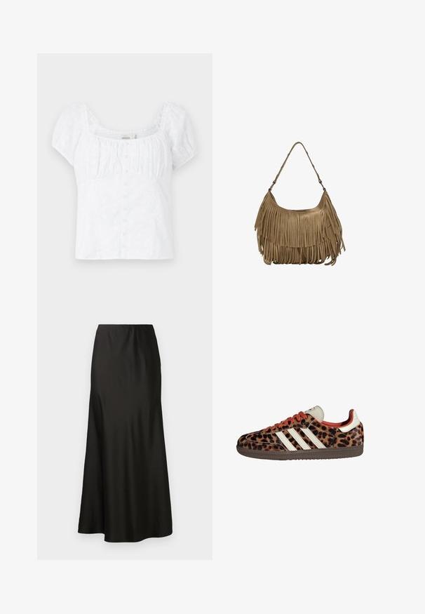 Weißes Blusenshirt mit quadratischem Ausschnitt, elastischen Puffärmeln und Knopfverschlüssen. Verfügt über eine florale Stickerei und eine figurbetonte Passform.; Schwarzer Satin-Maxikleid mit glatter Textur, hoher Taille und ausgestelltem Saum. Hat ein einfaches Design ohne sichtbare Muster oder Hardware.; Sneaker im Leopardenmuster aus Wildleder mit roten Schnürsenkeln und drei weißen Streifen an der Seite. Sie haben eine cremefarbene Zunge und eine braune Sohle.; Braune Wildleder-Handtasche mit langen Fransen, einer geschwungenen Form und einem einzelnen Schultergurt. Verfügt über eine glatte, strukturierte Oberfläche.