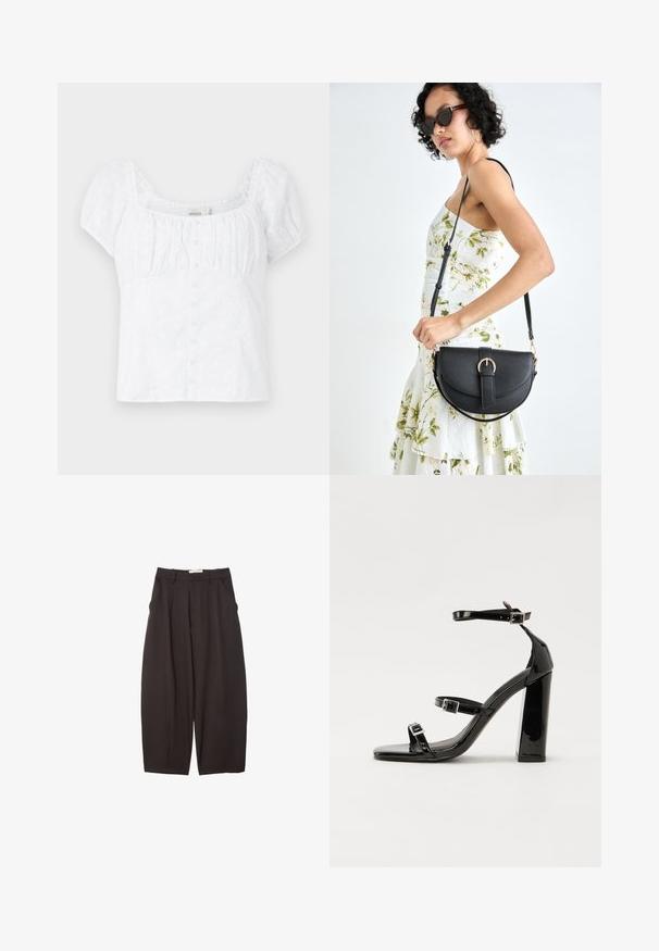 Bílá blůza se čtvercovým výstřihem, na nařasených rukávech se zavíráním na knoflíky. Má květinovou výšivku a přiléhavý střih.; Černé široké kalhoty vyrobené z hladkého materiálu, s vysokým pasem, předními sklady a bočními kapsami. Jednoduchý design bez ozdob.; Černé lakované sandály na podpatku se čtveratou špičkou, lýtkovými pásky a stříbrnými přezkami. Disponují masivním blokovým podpatkem pro stabilitu.; Černá kožená kabelka s křivkovým tvarem, odnímatelným popruhem a zlatými detaily. Kabelka má klopu s přezkou.