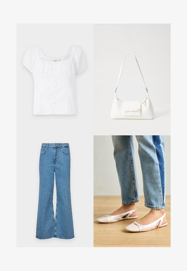Witte blouse met een vierkante halslijn, elastische pofmouwen en knoopsluitingen. Beschikt over een bloemenborduursel en een getailleerd ontwerp.; Lichtblauwe flared jeans van denim, met een hoge taille, vijf zakken en een enkele knoopsluiting. Zachte textuur met een vervaagde afwerking.; Zachtroze slingback ballerina's met een spitse neus, gemaakt van een glad leerachtig materiaal. Bevat uitsnijdingen aan de zijkanten en heeft een platte hak.; Witte synthetische handtas met een driehoekige vorm, platte voorklep en strikdetail, verstelbare schouderriem, gladde textuur en minimalistisch ontwerp.