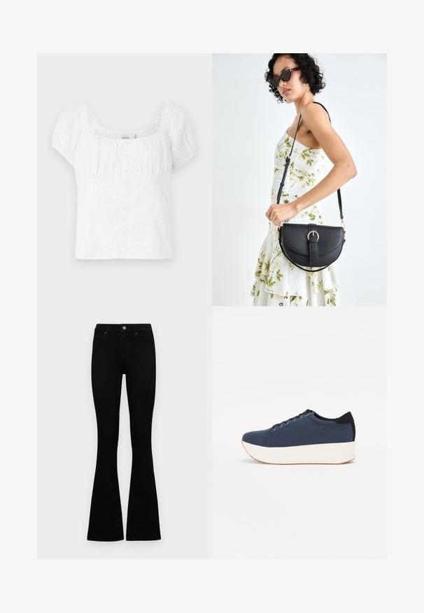 White blouse with a square neckline, elasticated puff sleeves, and button closures. Features floral embroidery texture and a fitted design.; Black high-waist jeans with a button and zip closure, front pockets, and flared legs laid flat on a white background.; Navy blue sneaker with a textured fabric upper, white platform sole, rounded toe, and black heel accent. Features six eyelets for laces.; Black leather handbag with a curved shape, detachable strap, and gold hardware. The bag features a flap with a buckle detail.