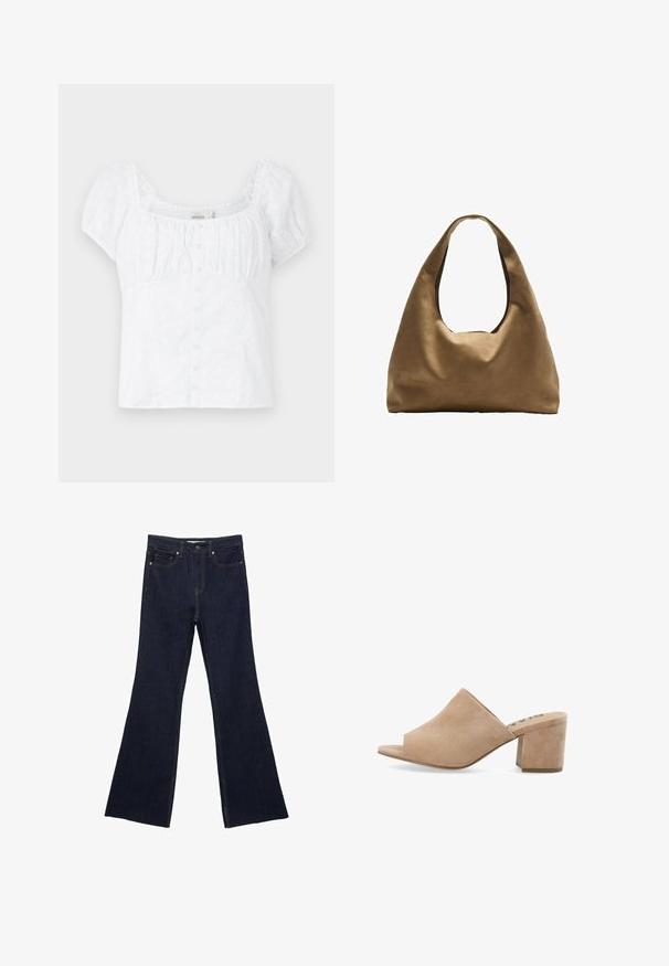 Valkoinen paita, jossa on neliönmuotoinen pääntie, elastiset puffihihat ja nappikiinnitys. Sisältää kukkakirjontatekstiilin ja vartalonmyötäisen muotoilun.; Tummansiniset farkkukellot, joissa on perinteinen viiden taskun muotoilu ja näkyvät saumat. Kangas on sileää tekstuuria ja siinä on vain vähän kulumista.; Beige mokasiinit aukiolla ja paksulla korolla, joissa on sileä pinta ja leveä yläosa. Ei näkyviä metalliosia tai kuvioita.; Ruskea kangaskassi, jossa on leveä, pyöristetty muoto ja suuri leikattu kahva. Pehmeä pinta, minimalistinen muotoilu ja ei näkyvää metalliosaa.