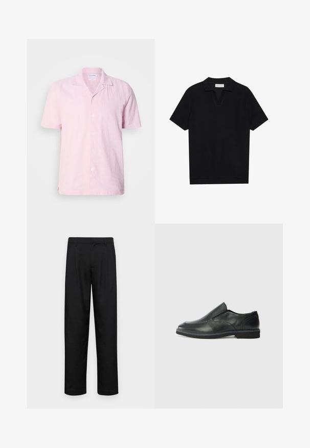 Short-sleeve pink linen shirt with a notched collar, six button front, and side slits for comfort. Fabric has a slightly textured finish.; Black short-sleeve polo shirt with a textured, ribbed fabric, featuring a v-neckline and a straight hem. No visible logos or patterns.; Black trousers made of smooth fabric, featuring a straight-leg design, two front pleats, and standard waistband with belt loops.; Black leather slip-on shoe with a smooth upper, stitched accents, rounded toe, and a low rubber heel. Sole features minimal tread.