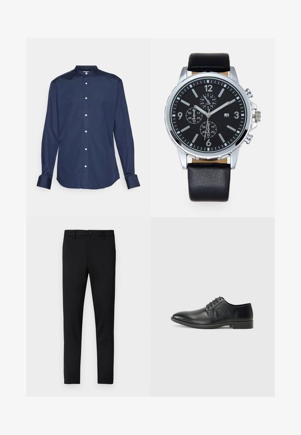 Navy blue long-sleeve shirt with a mandarin collar, featuring a button-up front, textured fabric, and cuffs with contrasting stitching.; Black fitted trousers with a smooth texture, button closure, belt loops, and no visible patterns or accents.; Black leather dress shoe with a smooth surface, lace-up design, pointed toe, and a low-profile rubber sole. Minimalist shape and accents.; Black leather strap watch with a silver stainless steel case. Black dial features white hour markers, silver hands, and three sub-dials.