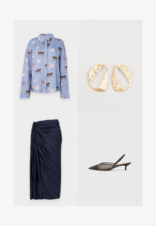 Heledsinine pikkade varrukatega särk, millel on pruuni pulli, luige ja taevase elemendi print; nööpidega kinnitamine ja kontrastne krae.; Tumes pleeditud midi-seelik, millel on kogutud tekstuur vöökohal, vertikaalsed voldid ja sile viimistlus, kujundatud keha lähedasse siluetti.; NEOUS IRENA - Klassikalised kontsakingad - black; Eba paar eba ebaorditud ovaalkujulisi kuldehhe kaal setertu, kerge keersuju pinnaga valgel taustal.