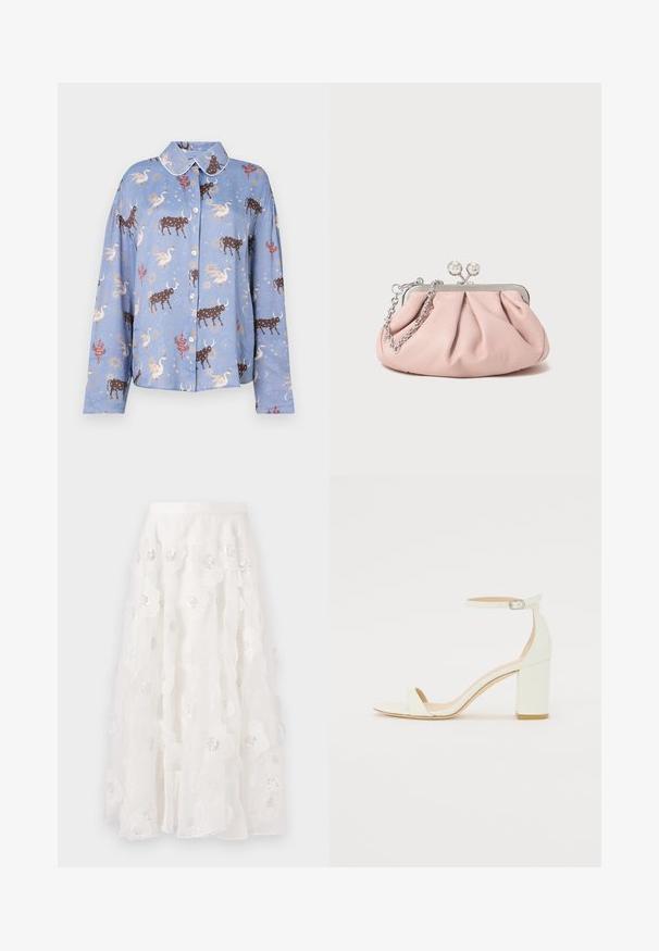 Világoskék, hosszú ujjú ing, barna bikák, hattyúk és égi elemek nyomatával; gombos zárás és kontraszt színű gallér.; Fehér, térd/knee hosszú szoknya virágos hímzéssel és ezüst flitterekkel. Könnyű, áramló anyag ráncolt rétegekkel és testhez álló derékkal.; Fehér bőrsarkú szandál bokaankarral és csattal, minimális dizájnnal. Nyitott orrú és sima textúrákkal az egész felületen.; Rózsaszín bőr clutch táska gyűrt dizájnnal, fém kerettel, két kerek csattal és ezüst lánccal. Sima textúrájú, kompakt formájú.