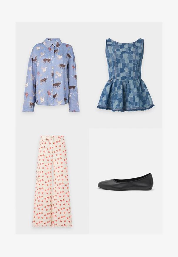 Lyseblå skjorte med lange ærmer, der har et print med brune tyre, svaner og himmelske elementer; knaplukning og en kontrastfarvet krave.; Denim peplum top i lys og mørk blå nuancer, med et ternet mønster og frayed kant. Har en rund halsudskæring og en accent ringdetalje.; Bredde bukser lavet af en beige stof, med et jordbærmønster i rødt og grønt. Inkluderer sidelommer og en ufærdig kant.; Sort læderballetsko med rund tå, glat tekstur, minimal syning og et fleksibelt såldesign.