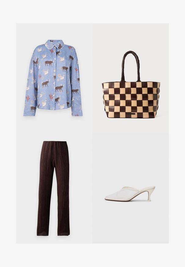 Šviesiai mėlynas ilgomis rankovėmis marškinis su raštu, kuriame pavaizduoti rudi jaučiai, gulbės ir dangaus elementai; su mygtukų uždarymu ir kontrastinga apykakle.; Rudos plačios kojos kelnės su raukšlėtu paviršiumi, aukšta juosta ir laisvu dizainu. Pagamintos iš lengvo audinio. Nėra matomų užsegimų.; Baltos tinklelio smailiakojės mules su plonu vidutinio aukščio kulnu ir užkulnio dizainu ant vientiso fono.; Ruda ir smėlio spalvos odinė pirkinių rankinė, su pintu langelių raštu ir pintomis rankenomis, ant balto fono.