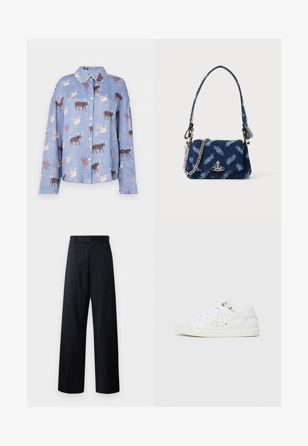 Šviesiai mėlynas ilgomis rankovėmis marškinis su raštu, kuriame pavaizduoti rudi jaučiai, gulbės ir dangaus elementai; su mygtukų uždarymu ir kontrastinga apykakle.; Tamsiai mėlynos plačių kojų kelnes su sagų uždarymu, priekiniais raukiniais ir sklandžiu audiniu, turinčiu švarų, pritaikytą dizainą.; Balti žemakulniai sportbačiai su perforuotu dizainu, plokščiomis raištelėmis ir tekstūruotu guminiu padu. Išsiskiria minimalistišku stiliumi ir minkštu apdaila.; Tamsiai mėlynas audinio rankinukas su tekstūruotu dizainu, sidabrinės spalvos detalėmis ir nuimama grandinėle. Yra užsegimas ant ventiliatoriaus ir logotipo akcentas.