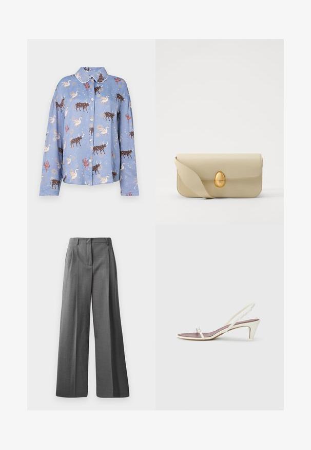 Camicia a maniche lunghe celeste con stampa di tori marroni, cigni ed elementi celestiali; chiusura a bottoni e colletto in contrasto.; Pantaloni grigi a gamba larga realizzati in un tessuto texturizzato con un motivo sottile. Presentano pieghe frontali e una vita con passanti per la cintura.; Sandali slingback bianchi con un leggero tacco, sottili cinturini e una superficie in pelle liscia; presentano una piccola fibbia decorativa.; Borsa a tracolla in pelle beige con una superficie liscia, forma rettangolare e una chiusura ovale dorata. Dotata di una lunga tracolla regolabile.
