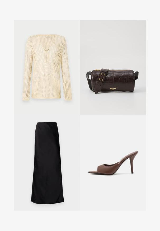 Strick-Oberteil mit langen Ärmeln in hellem Beige mit einem Netzdesign. Mit einem V-Ausschnitt und einem runden Ausschnitt an der Brust, verziert mit einem goldenen Akzent.; Norma Kamali BIAS OBIE SKIRT - Maxirock - black; Braune Leder-Open-Toe-Hochhackige Mules mit einem eleganten Design, das einen breiten Vorderriemen und einen schlanken Stiletto-Absatz aufweist.; Braune, krokodilgeprägte Lederhandtasche mit zylindrischer Form, goldfarbener Hardware und einem abnehmbaren Tragegurt mit Nieten.