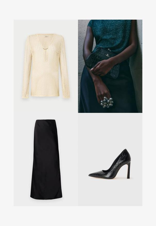 Dzianinowa bluzka z długim rękawem w jasnym beżu o siateczkowym wzorze. Posiada dekolt w kształcie litery V oraz okrągłe wycięcie na klatce piersiowej, ozdobione złotym akcentem.; Norma Kamali - Długa spódnica; Czarne szpilki z ostrym noskiem, pokryte teksturą skóry krokodyla, charakteryzujące się eleganckim wzornictwem, wysokim obcasem w stylu stiletto oraz gładkim czarnym wnętrzem.; Czarna kopertówka w wzór krokodyla z srebrnymi akcentami, trzymana na szarym, teksturowanym tle. Posiada błyszczącą powierzchnię.
