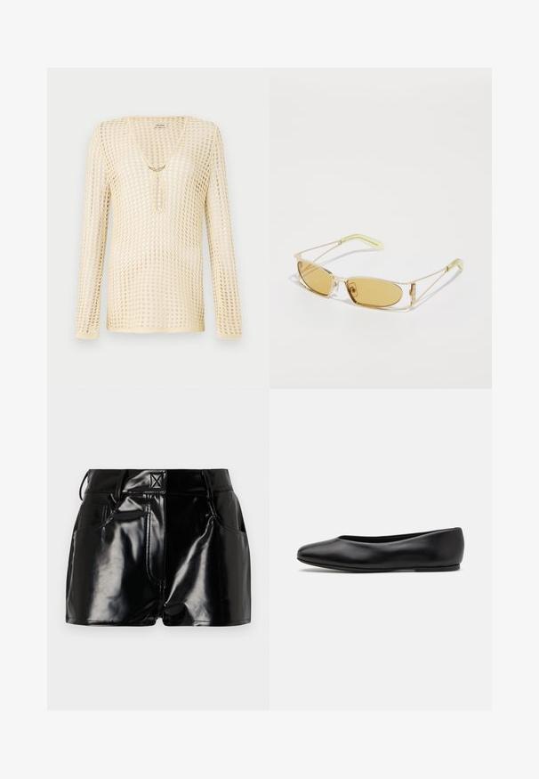 Knit, long-sleeve top in light beige with a mesh design. Features a V-neckline and a circular cutout at the chest, adorned with a gold accent.; Black, glossy shorts made of synthetic material. Features a fitted waist, belt loops, and front pockets with prominent stitching details.; Paul Smith TOPANGA - Ballet pumps - black; Yellow-tinted sunglasses with a translucent gold frame, slim rectangular shape, and angular arms with light green accents.; Black canvas tote bag with black leather handles. Simple design, spacious body, and a smooth texture. No visible logos or patterns.