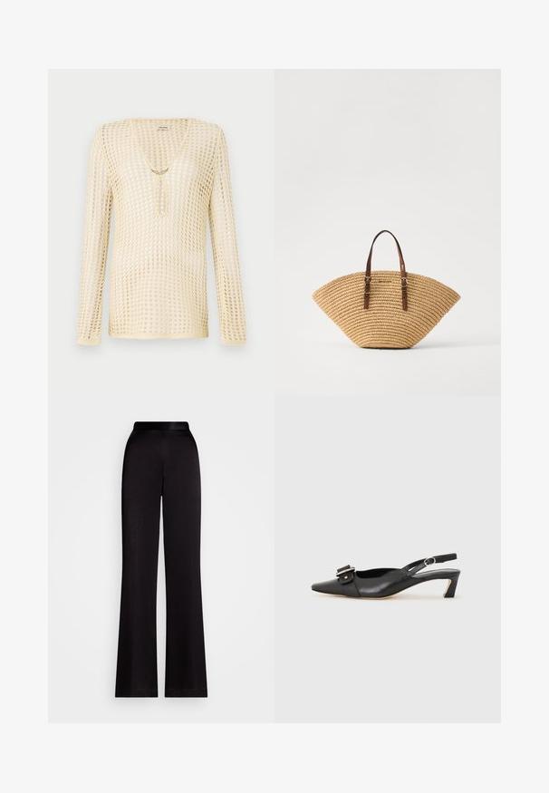 Štrikovaný svetrový top s dlhými rukávmi v svetlej béžovej farbe s mriežkovým dizajnom. Obsahuje výstrih do V a kruhový výrez na hrudníku, ozdobený zlatým akcentom.; Čierne rozšírené nohavice vyrobené z hladkej tkaniny, s vysokým pásom a dlhým strihom. Žiadne viditeľné vzory ani akcenty.; Čierne kožené sandále s úzkym prstom, malým opätkom a dekoratívnou sponou na vrchnej časti. Hladká textúra, minimalistický dizajn.; Súšková taška s tvarom ventilátora, hnedé kožené uši a textúrovaný vzor. Prírodná béžová farba s hladkým povrchom a minimálnymi akcentmi.