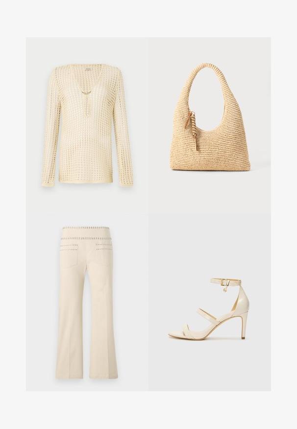 Strik, langærmet top i lys beige med et mesh-design. Har en V-udskæring og et cirkulært udsnit ved brystet, prydet med en gylden accent.; Cremefarvede flared bukser med nitter langs taljebåndet og baglommerne, lavet af blød, tekstureret stof.; Beige høje hæle sandaler med tynd ankelrem og to øvre remme. Glanset lakfinish og guld hardware detalje på ankelremmen.; Vævet beige håndtaske med et buet håndtag, struktureret overflade og en brun frynse detalje. Har en afslappet, hobo-form.