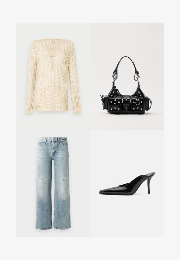 Strick-Oberteil mit langen Ärmeln in hellem Beige mit einem Netzdesign. Mit einem V-Ausschnitt und einem runden Ausschnitt an der Brust, verziert mit einem goldenen Akzent.; Hellblaue weite Jeans aus Denim, ausgestattet mit einem Farbverlaufseffekt und Verzierungen aus silbernen Strasssteinen in vertikalem Muster.; Schwarze Lackleder-Pumps mit hohen Absätzen, spitzer Zehenform und schlanker Silhouette, mit offenem Rücken und schlankem Stiletto-Absatz.; Schwarze Lederhandtasche mit einem geschwungenen Design, verziert mit silbernen Nieten, einer Schnalle und zwei seitlichen Taschen. Verstellbarer Träger für verschiedene Tragemöglichkeiten.