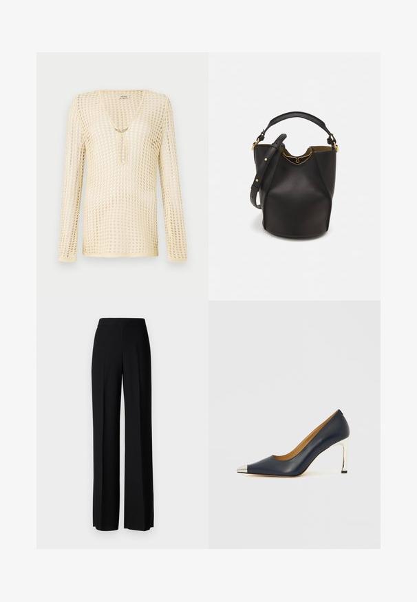 Strik, langærmet top i lys beige med et mesh-design. Har en V-udskæring og et cirkulært udsnit ved brystet, prydet med en gylden accent.; Sorte vide benbukser med en glat tekstur, der har en høj talje og centerfolder. Ingen synlige mønstre eller hardware detaljer.; Marineblå læder højhælet sko med spids tå, med en sølvmetalisk hætte og en skinnende sølv stiletthæl.; Sort læder bucket taske med en struktureret overflade, guld hardware detaljer og en åben top. Har et kort håndtag og justerbar skulderrem.